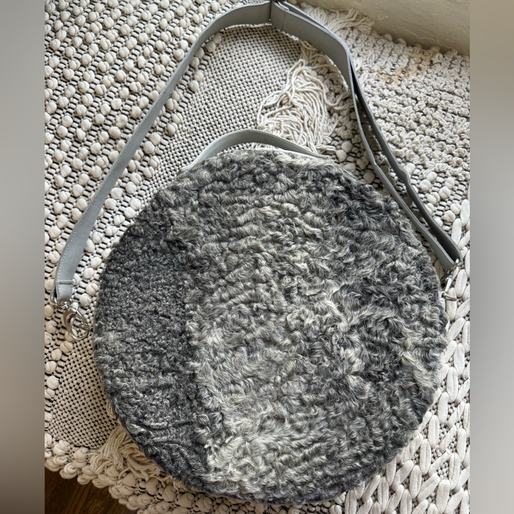 Handmade extra large circular travel real fur and leather crossbody bag